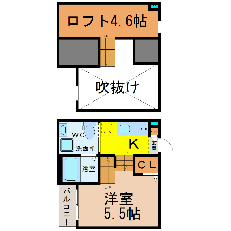 モルゲンロート 間取り　洋室5.5帖　ロフト4.6帖　脱衣洗面所