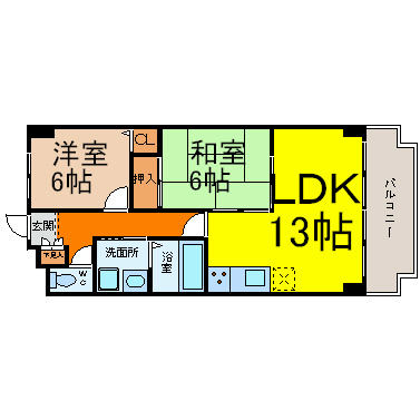 アミティ中村 間取図　2ＬＤＫ　南向きバルコニー