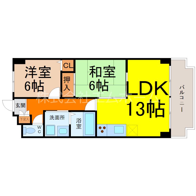 アミティ中村 間取図　2ＬＤＫ　南向きバルコニー
