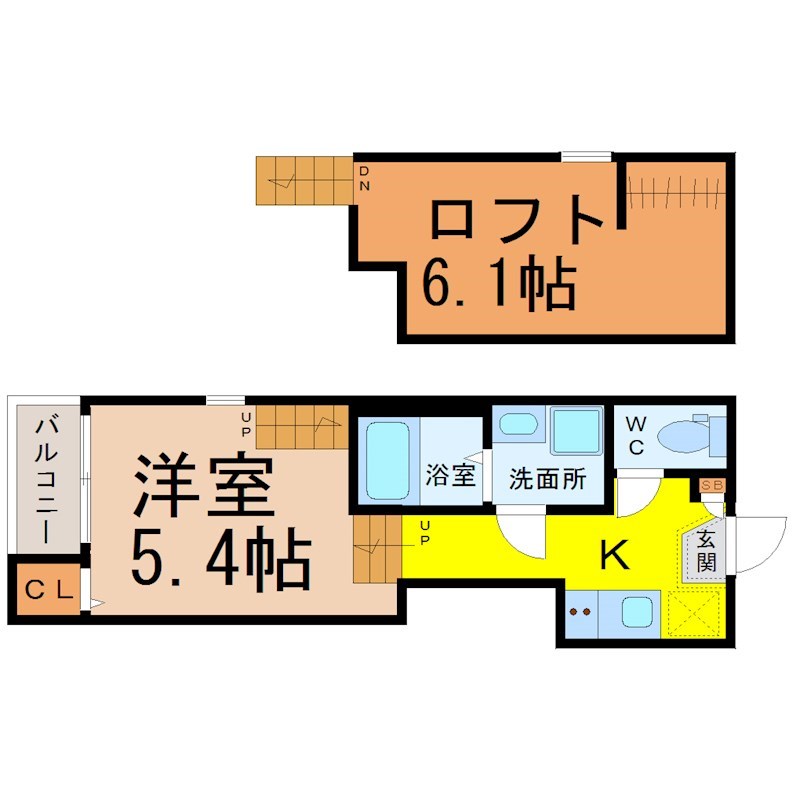 ハーモニーテラス八番II 間取図　洋室5.4帖　ロフト6.1帖　脱衣洗面所　バルコニー