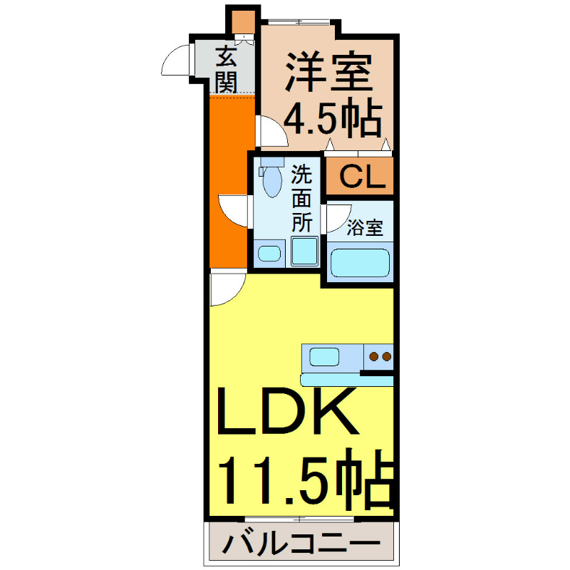 ヴァリエ東別院 間取図　ＬＤＫ11.5帖　洋室4.5帖　カウンターキッチン