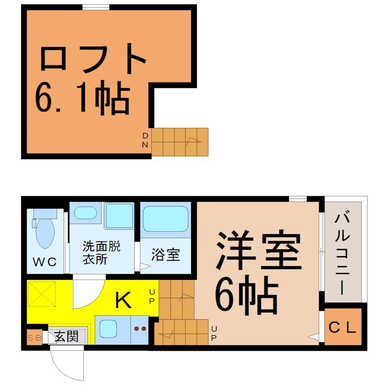 アンジュ　ド　ボヌール 間取図　洋室6帖　ロフト6.1帖　脱衣洗面所　バルコニー