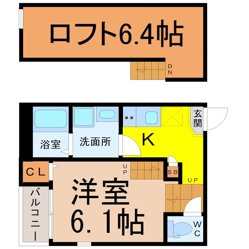 アンジュ　ド　ボヌール 間取図　洋室6.1帖　ロフト6.4帖　脱衣洗面所　バルコニー
