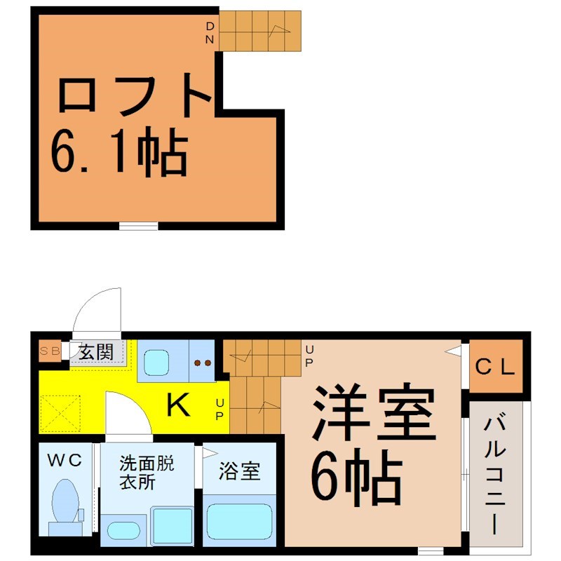 アンジュ　ド　ボヌール 間取図　洋室6帖　ロフト6.1帖　脱衣洗面所　バルコニー