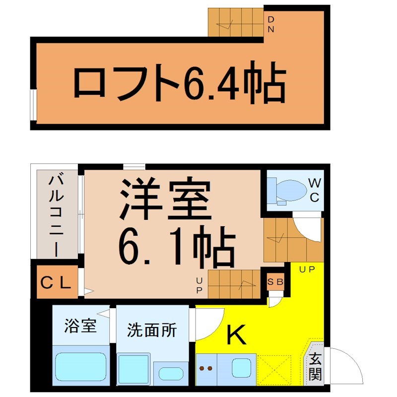 アンジュ　ド　ボヌール 間取図　洋室6.1帖　ロフト6.4帖　脱衣洗面所　バルコニー