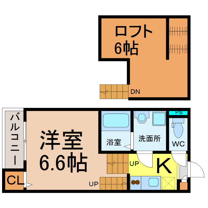 プランドール 間取り　洋室6.6帖　ロフト6帖　脱衣洗面所