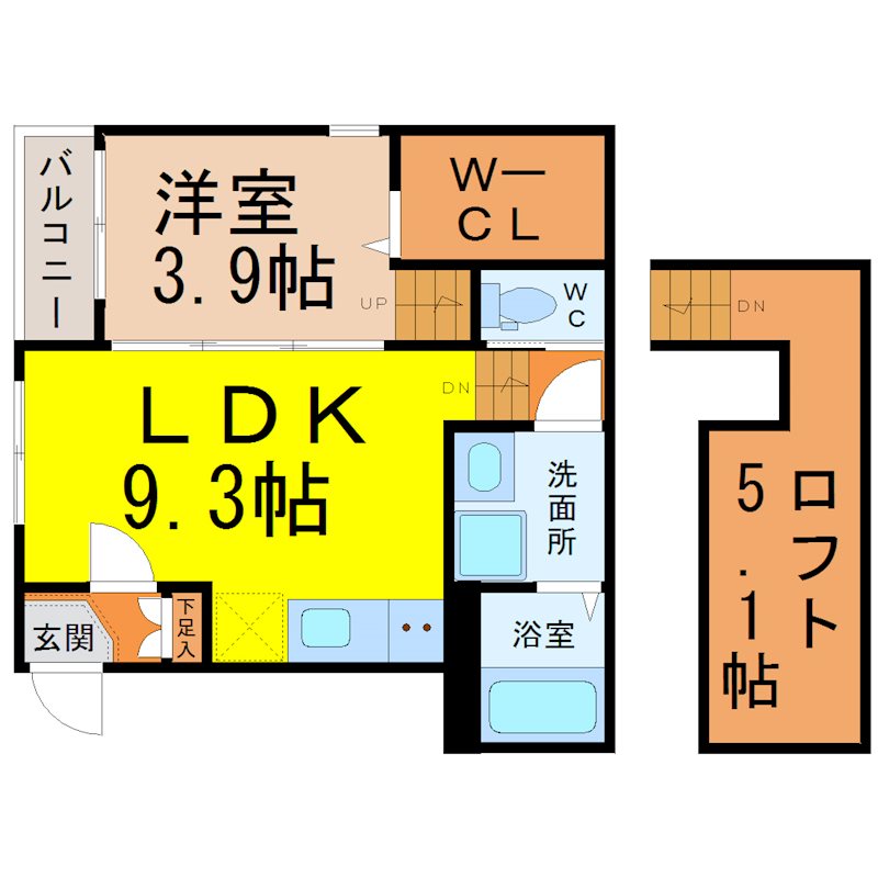 ルシエル東水切町 間取図　ＬＤＫ9.3帖　洋室3.9帖　ロフト5.1帖