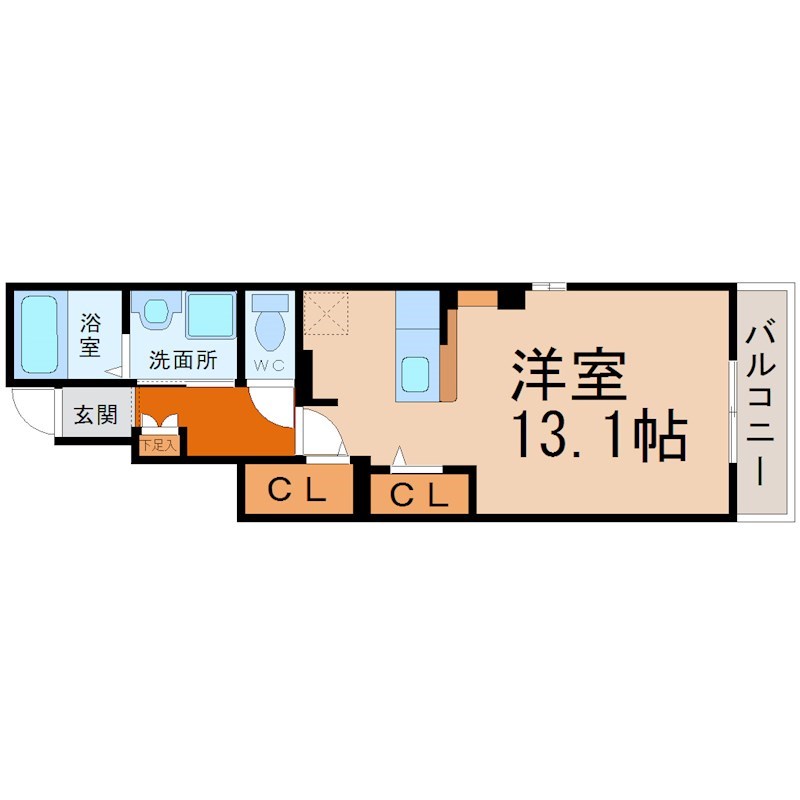 ブローテ 間取図　洋室13.1帖　脱衣洗面所　南面バルコニー