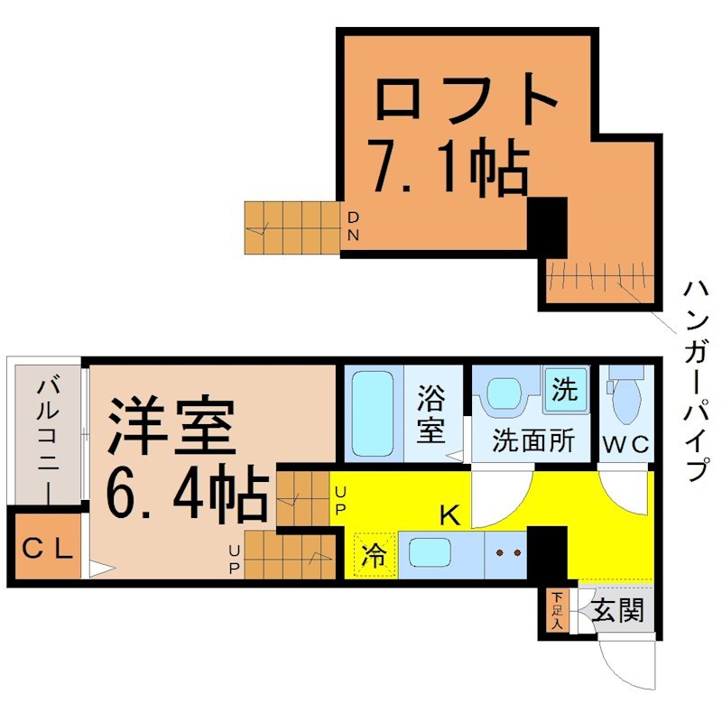 Ｓｔｅｌｌａ星宮 間取図　洋室6.4帖　ロフト7.1帖　脱衣洗面所