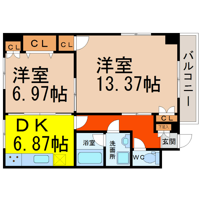 エミナンス太閤 間取図　洋室13.37帖　全室エアコン付　南面バルコニー