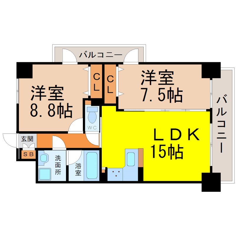 ＡｌｂａＧｒａｎｄｅ千種 間取図　ＬＤＫ18帖　Ｌ字型キッチン　脱衣洗面所　バルコニー