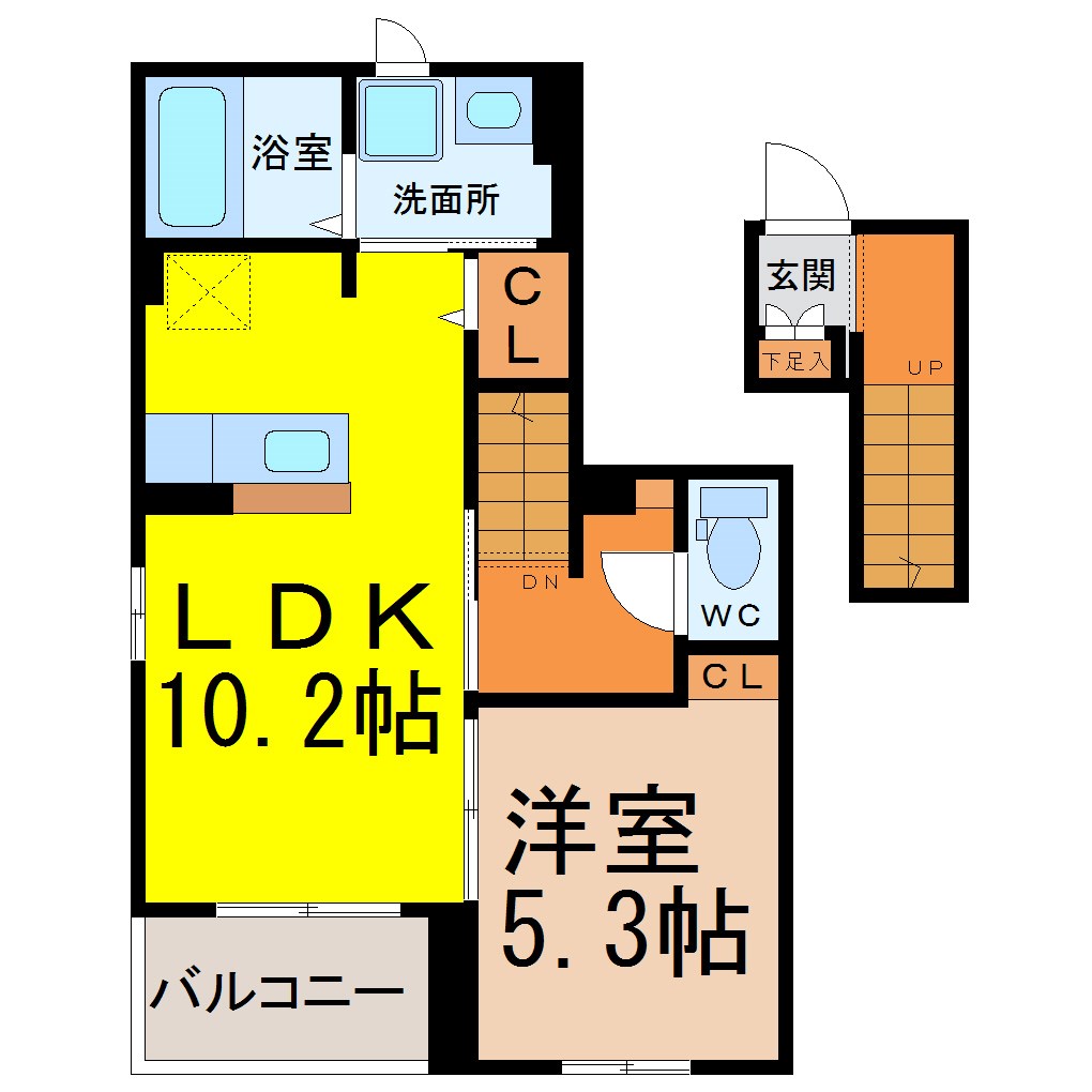 モデッサ芳野Ｓ 間取図　ＬＤＫ10.2帖　洋室5.3帖　脱衣洗面所