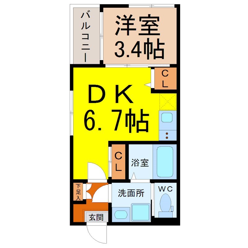 （仮称）西区香呑町二丁目新築アパート 間取図　ＤＫ6.7帖　洋室3.4帖　脱衣洗面所　バルコニー