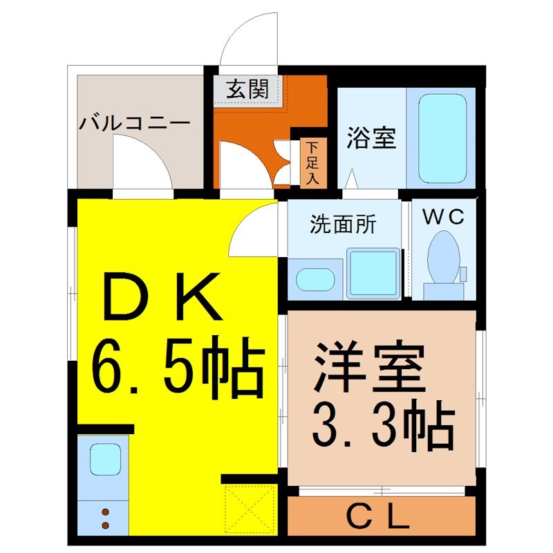 （仮称）西区香呑町二丁目新築アパート 間取図　ＤＫ6.5帖　洋室3.3帖　脱衣洗面所　バルコニー