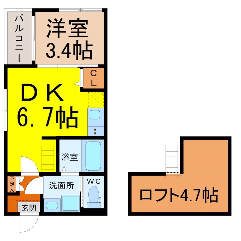 クレセント香呑町 間取図　ＤＫ6.7帖　洋室3.4帖　ロフト付　脱衣洗面所