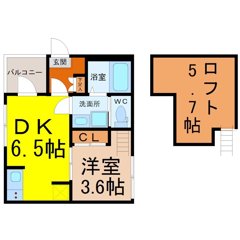 （仮称）西区香呑町二丁目新築アパート 間取図　ＤＫ6.5帖　洋室3.6帖　ロフト付　脱衣洗面所