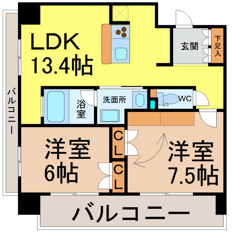 アーデン泉プレミア 間取図　ＬＤＫ13.4帖　カウンターキッチン　脱衣洗面所