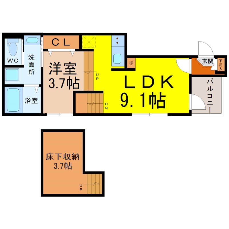 （仮称）南区内田橋一丁目Ｂ新築アパート 間取図　ＬＤＫ9.1帖　洋室3.7帖　床下収納3.7帖