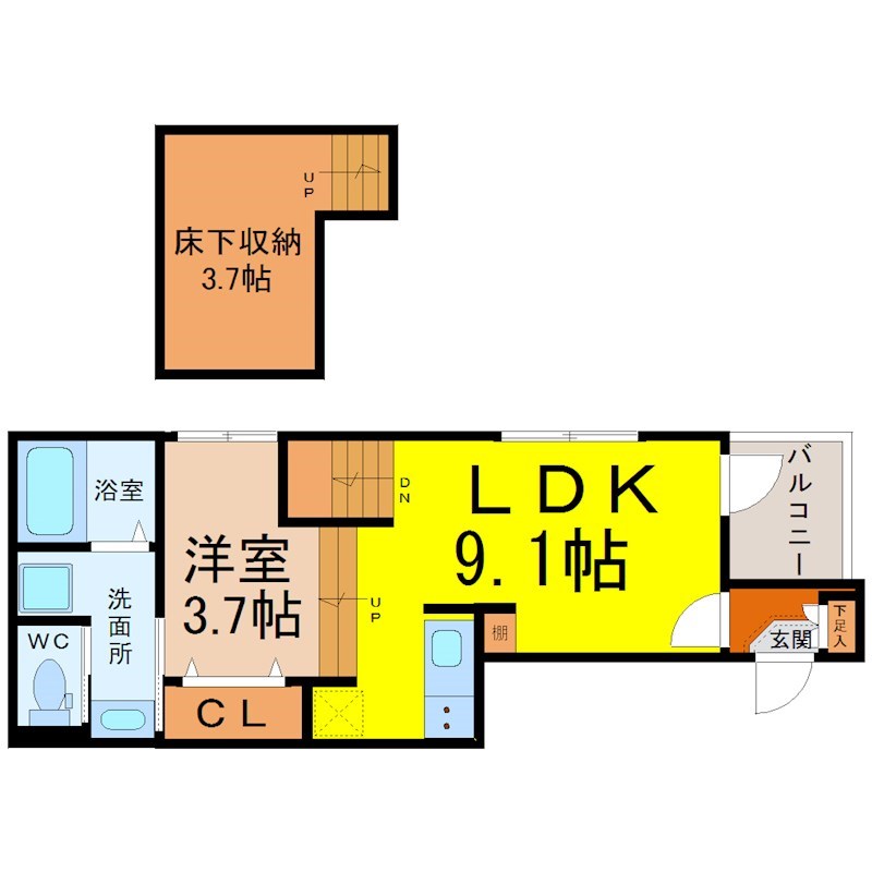 （仮称）南区内田橋一丁目Ｂ新築アパート 間取図　ＬＤＫ9.1帖　洋室3.7帖　床下収納3.7帖