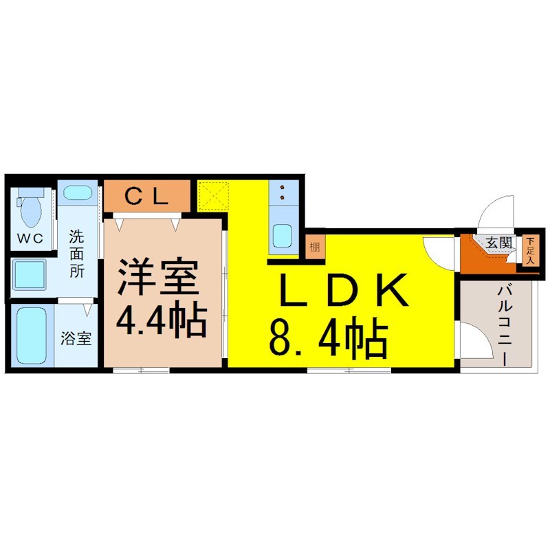 （仮称）南区内田橋一丁目Ｂ新築アパート 間取図　ＬＤＫ8.4帖　洋室4.4帖　脱衣洗面所
