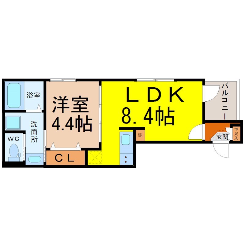 （仮称）南区内田橋一丁目Ｂ新築アパート 間取図　ＬＤＫ8.4帖　洋室4.4帖　脱衣洗面所