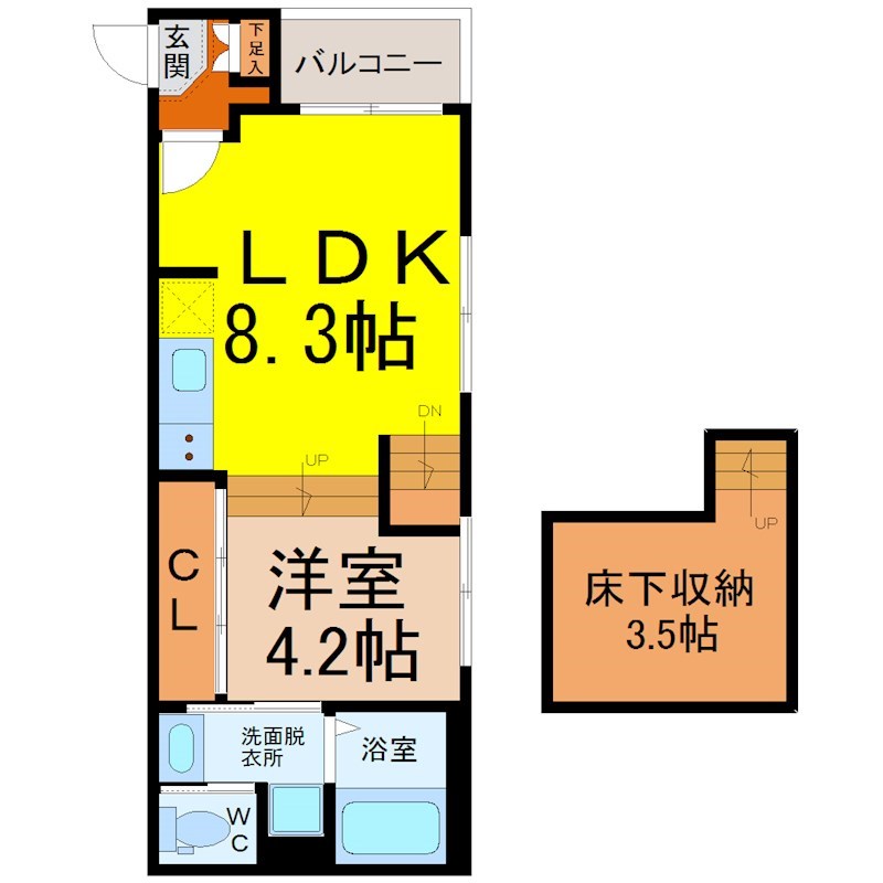 ハーモニーテラス四番Ⅳ 間取図　ＬＤＫ8.3帖　洋室4.2帖　床下収納3.5帖