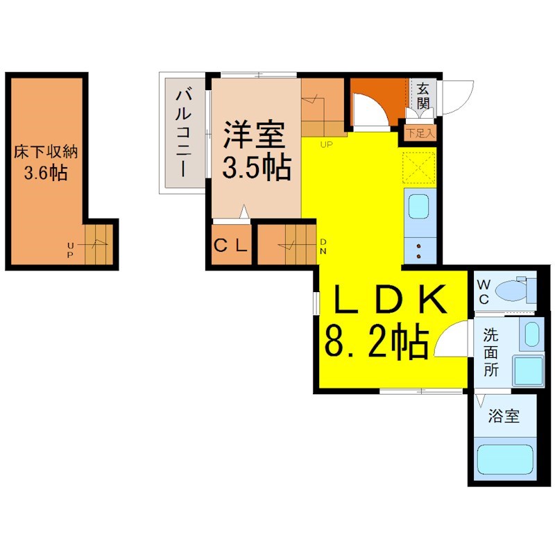 ハーモニーテラス四番Ⅳ 間取図　ＬＤＫ8.2帖　洋室3.5帖　床下収納3.6帖