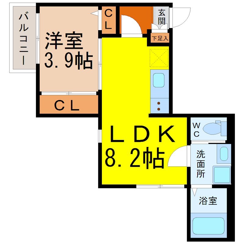 ハーモニーテラス四番Ⅳ 間取図　ＬＤＫ8.2帖　洋室3.9帖　脱衣洗面所