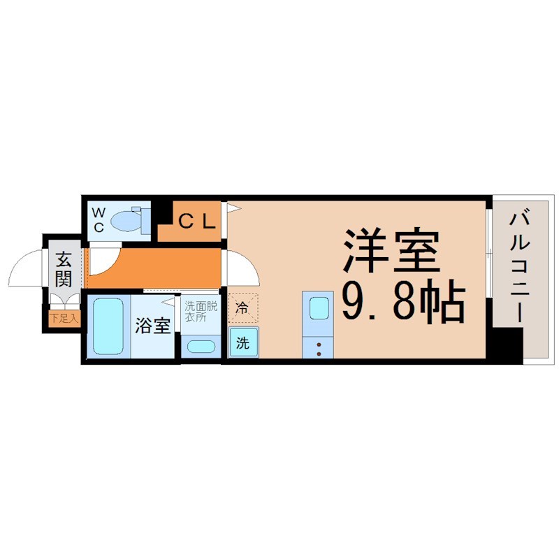 第16金山フクマルビル 間取図　洋室9.8帖　カウンターキッチン　脱衣洗面所