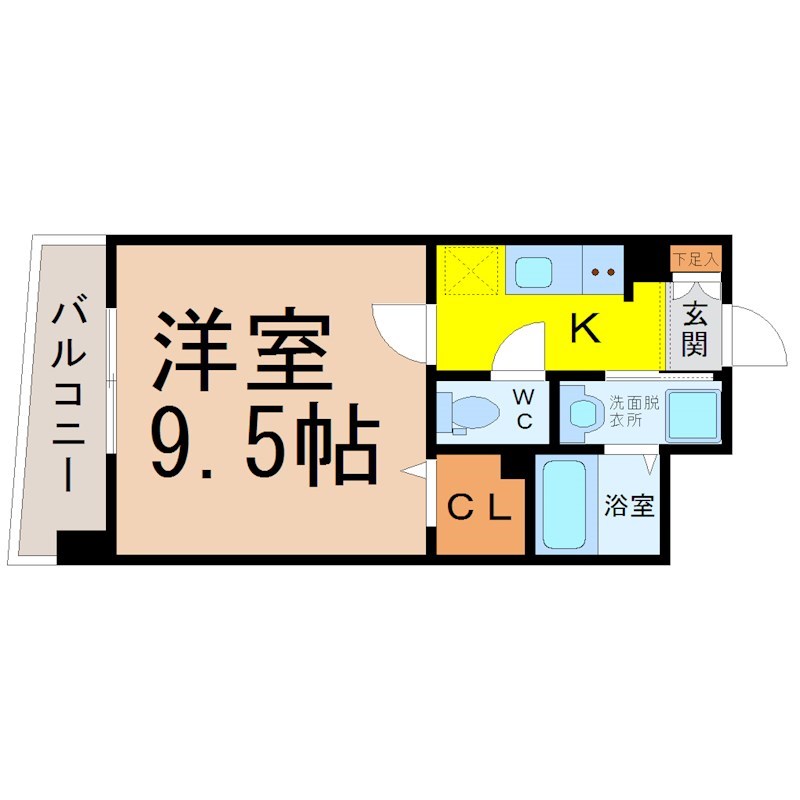 ゲートウェイ尾頭橋 間取図　洋室9.5帖　脱衣洗面所　バルコニー