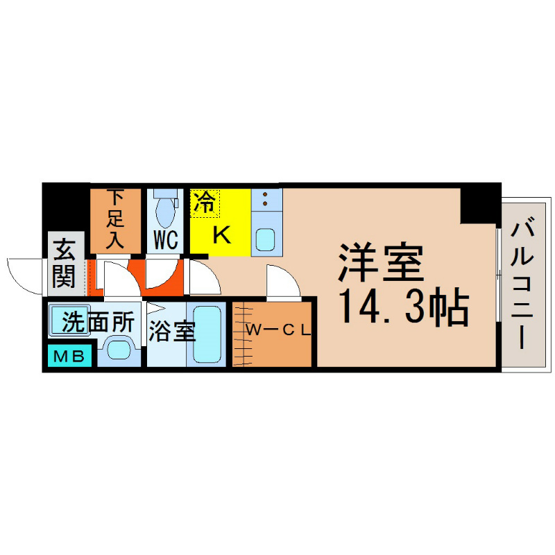 Ｖｉａｒｅ　ｓｔｏｒｉａ（ヴィアーレストーリア） 間取図　洋室14.3帖　カウンターキッチン　ウォークインクローゼット　バルコニー