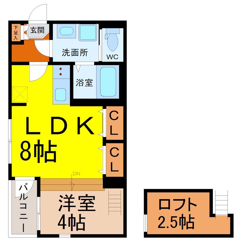 Ｒｅｐｏｓ外新町（ルポソトシンマチ） 間取図　ＬＤＫ8帖　洋室4帖　ロフト2.5帖