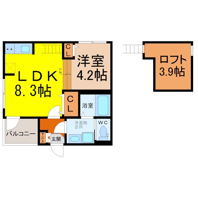 Ｒｅｐｏｓ外新町（ルポソトシンマチ） 間取図　ＬＤＫ8.3帖　洋室4.2帖　ロフト3.9帖