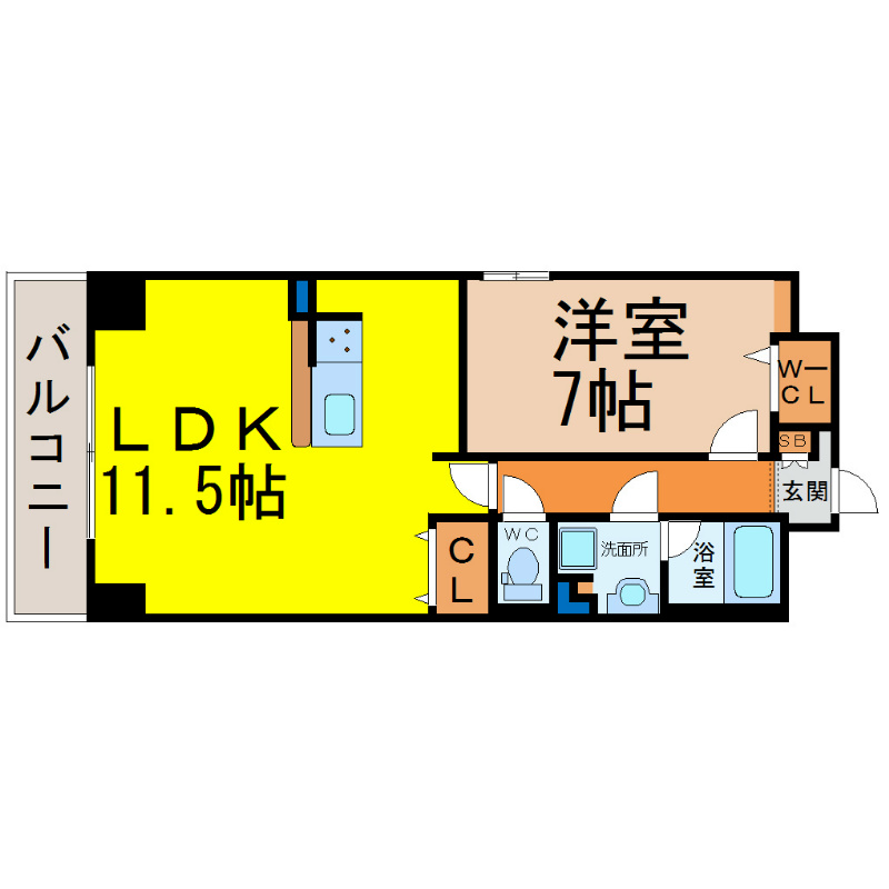 ＢＬＩＳＳ（ブリス） 間取図　ＬＤＫ11.5帖　洋室7帖　脱衣洗面所　バルコニー