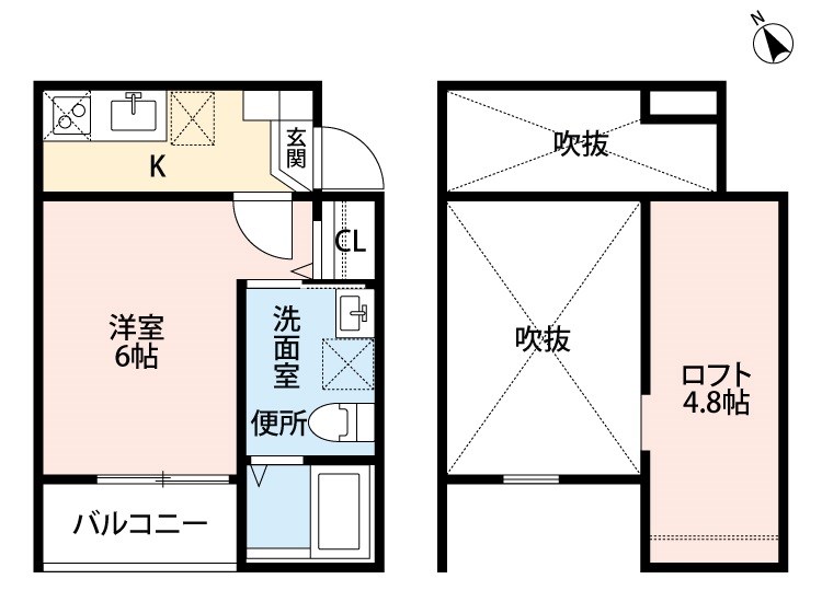 エクステンションＹ 間取図　洋室6帖　ロフト4.8帖　脱衣洗面所　バルコニー