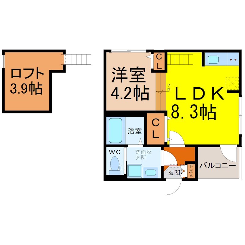 ハーモニーテラス外新町II 間取図　ＬＤＫ8.3帖　洋室4.2帖　ロフト3.9帖