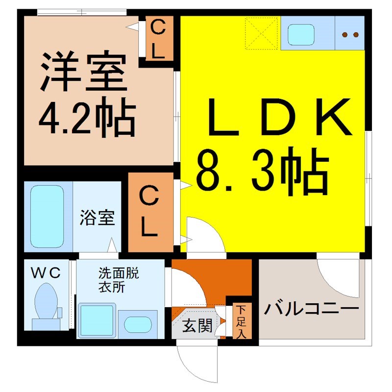 ハーモニーテラス外新町II 間取図　ＬＤＫ8.3帖　洋室4.2帖　脱衣洗面所