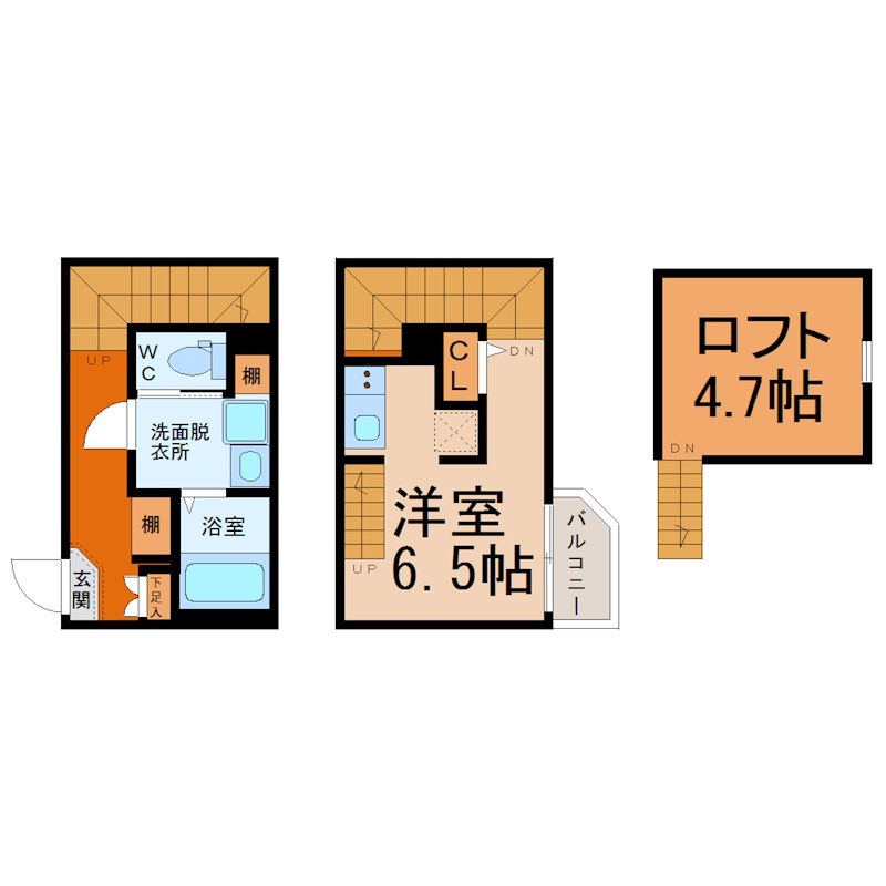 （仮称）天白区平針五丁目Ｂ新築アパート 間取図　洋室6.5帖　ロフト4.7帖　脱衣洗面所　バルコニー