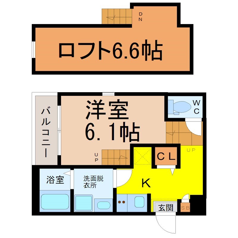 （仮称）天白区平針五丁目Ｂ新築アパート 間取図　洋室6.1帖　ロフト6.6帖　脱衣洗面所　バルコニー