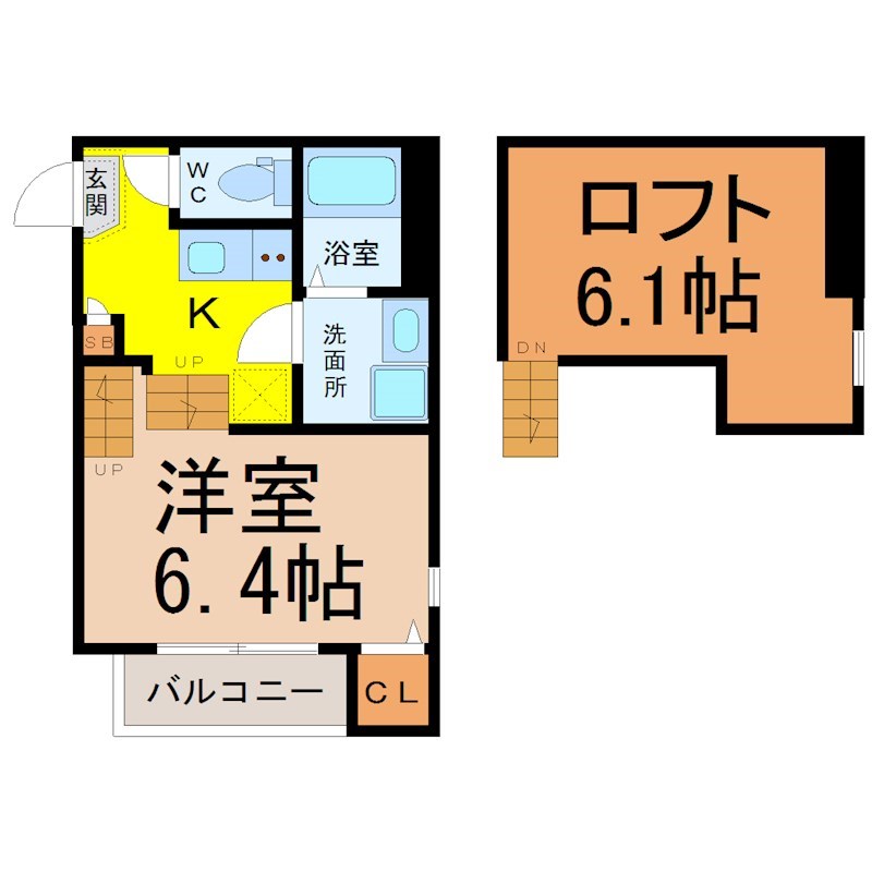 （仮称）天白区平針五丁目Ｂ新築アパート 間取図　洋室6.4帖　ロフト6.1帖　脱衣洗面所　バルコニー