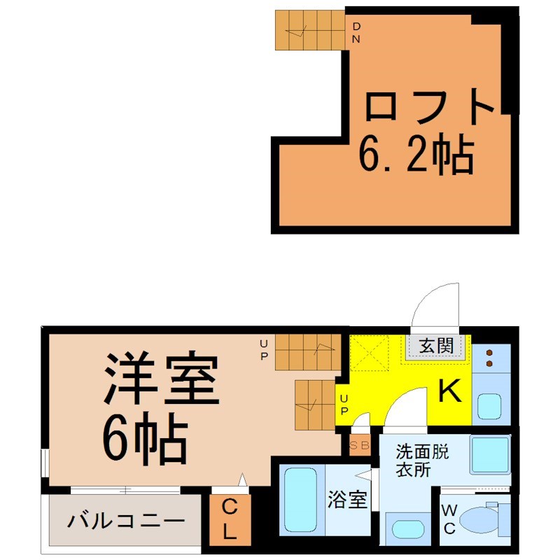 （仮称）天白区平針五丁目Ｂ新築アパート 間取図　洋室6帖　ロフト6.2帖　脱衣洗面所　バルコニー