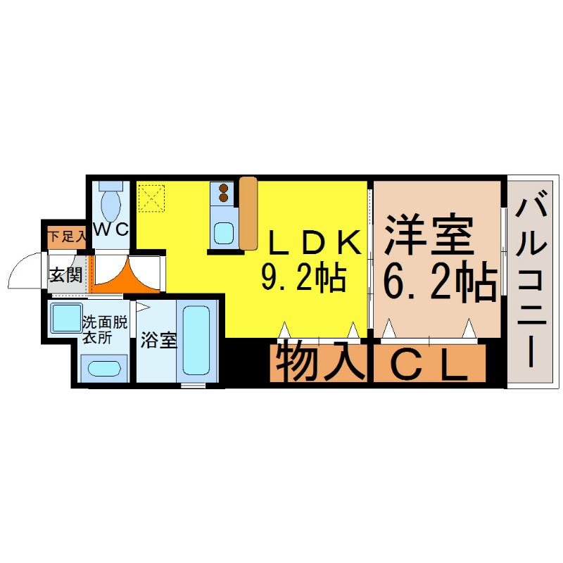 愛知県名古屋市中村区太閤通７丁目 間取図　ＬＤＫ9.2帖　洋室6.2帖　カウンターキッチン