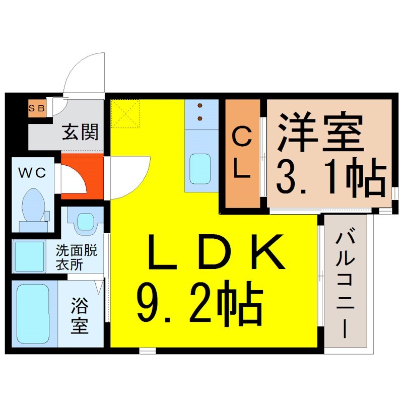 Ｇｒａｎｄｔｉｃ　Ｄｏｒｆ新栄（グランティックドルフ新栄） 間取図　ＬＤＫ9.2帖　洋室3.1帖　脱衣洗面所　バルコニー