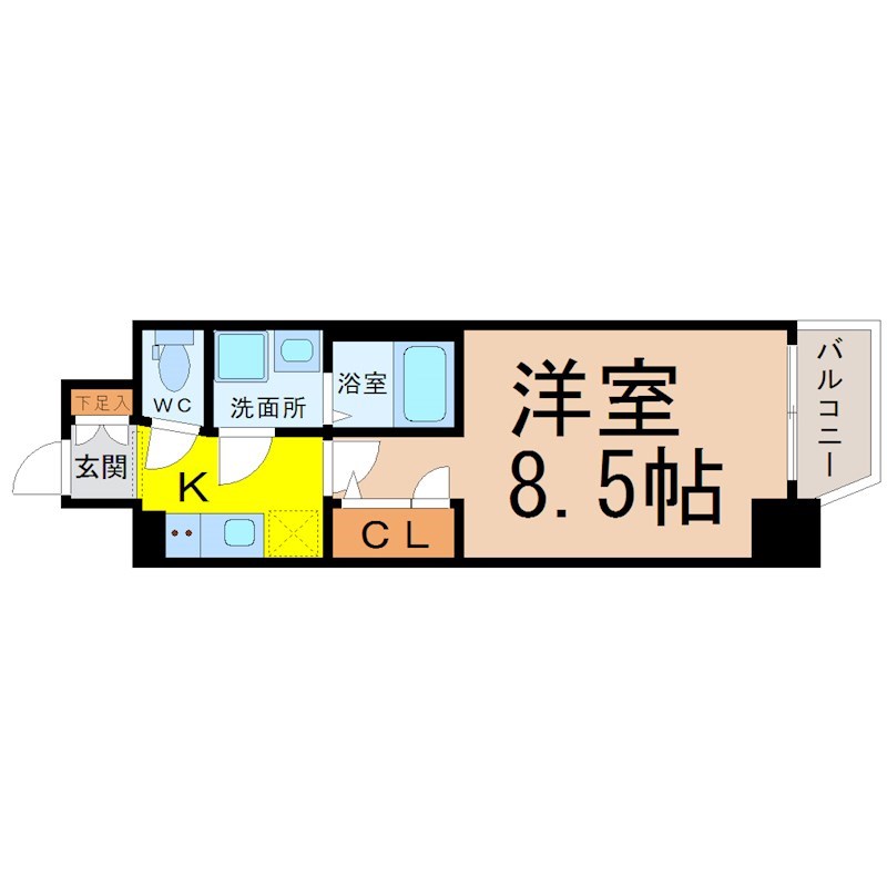 エスリード名城公園 間取図　洋室8.5帖　脱衣洗面所　バルコニー
