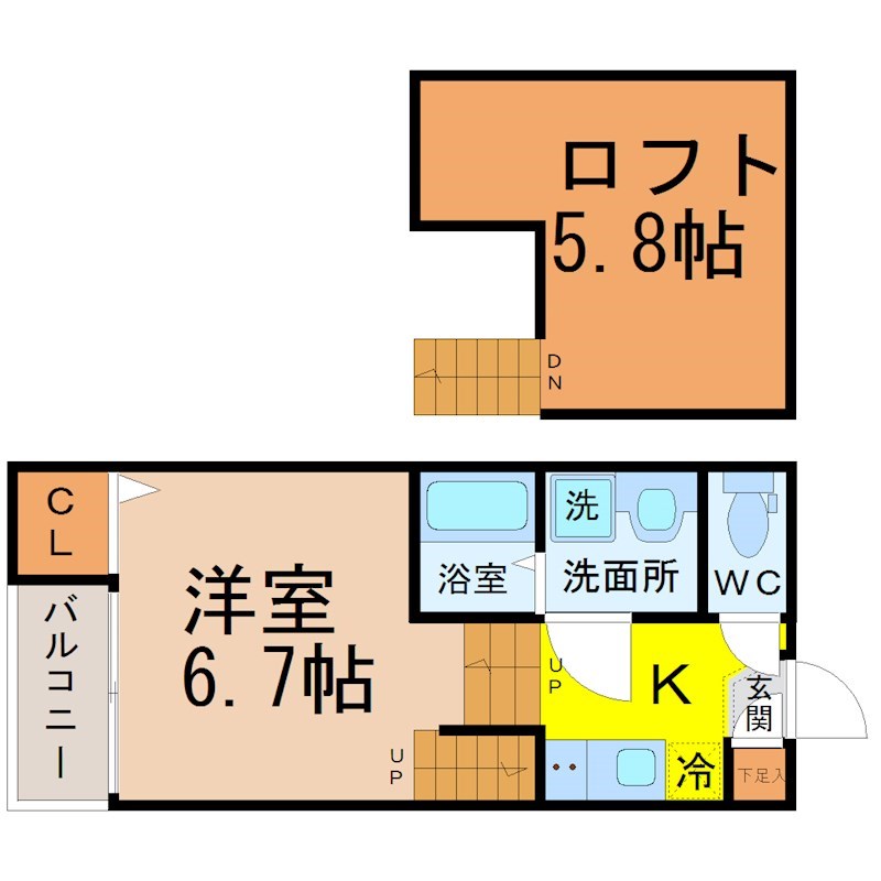 椿家（ツバキハウス） 間取図　洋室6.7帖　ロフト5.8帖　脱衣洗面所　バルコニー