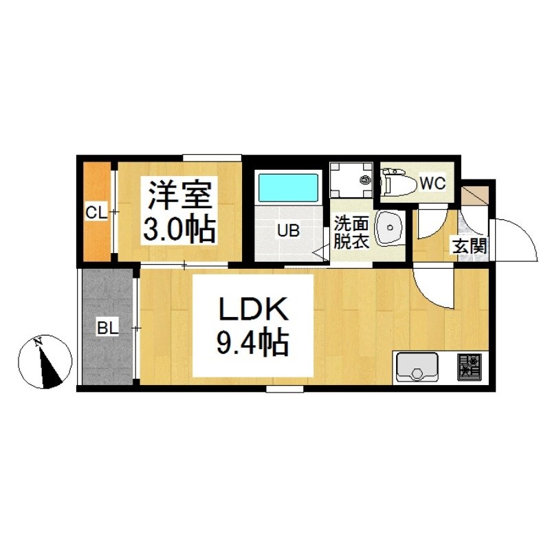 ＲＥＧＡＬＥＳＴ　ｇｒａｎＳｏｕｔｈ 間取図　ＬＤＫ9.4帖　洋室3帖　脱衣洗面所　バルコニー