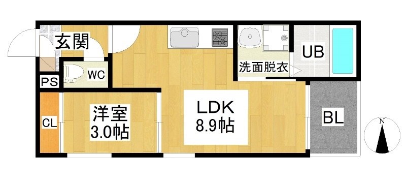 ＲＥＧＡＬＥＳＴ名城公園 間取図　ＬＤＫ8.9帖　洋室3帖　脱衣洗面所　バルコニー