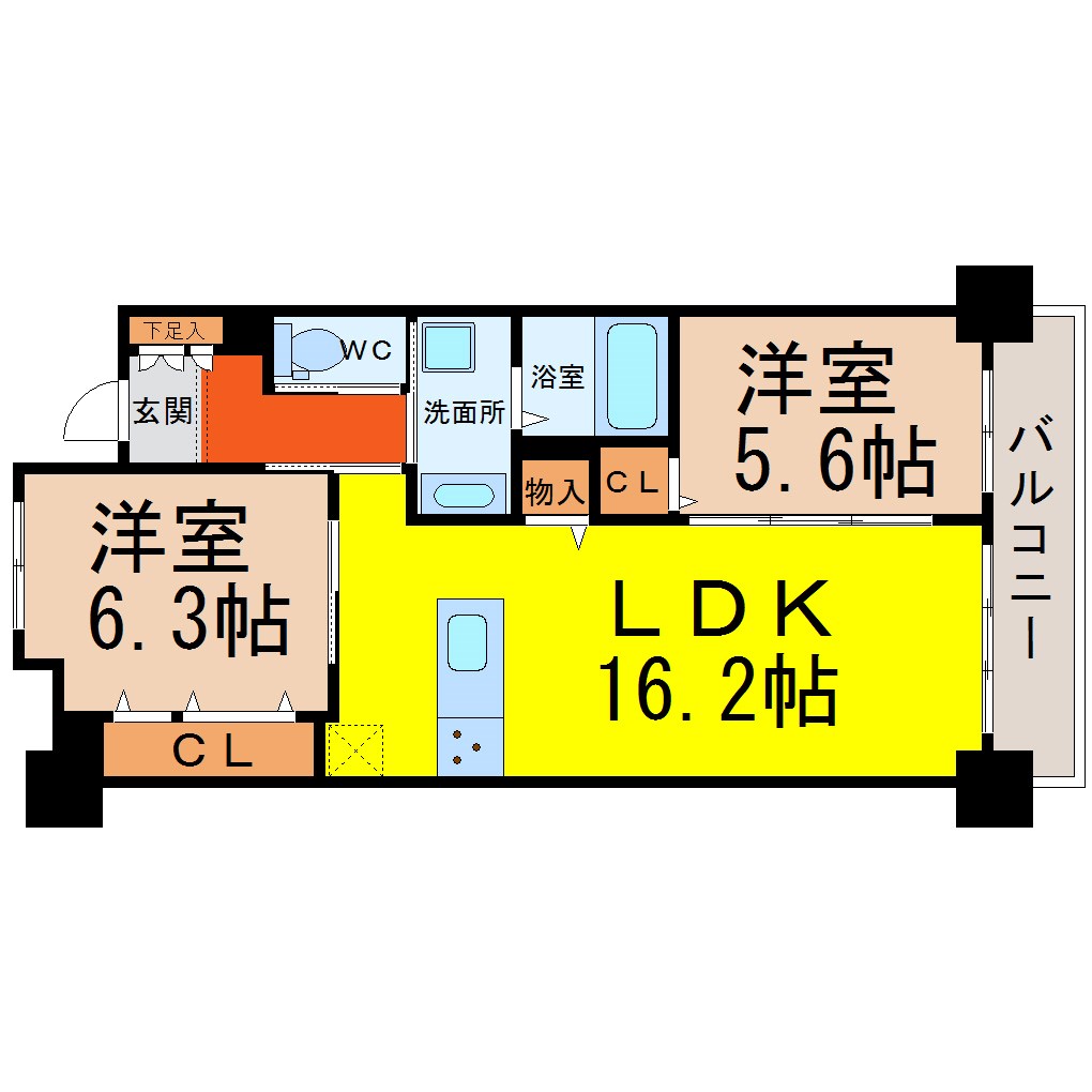 白壁リンクス 間取図　ＬＤＫ16.2帖　脱衣洗面所　南面バルコニー