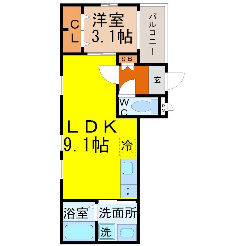 Ｓｏｌ　ｔｅｒｒａｃｅ（ソルテラス） 間取図　ＬＤＫ9.1帖　洋室3.1帖　バルコニー