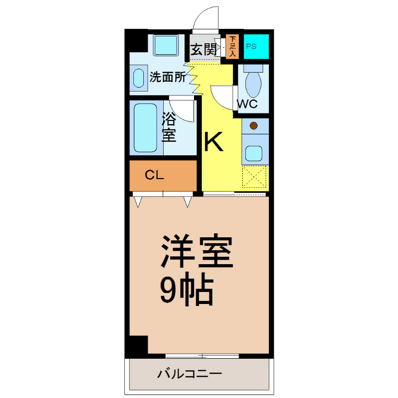 愛知県名古屋市中村区大宮町２丁目26-1 間取図　洋室9帖　脱衣洗面所　南面バルコニー